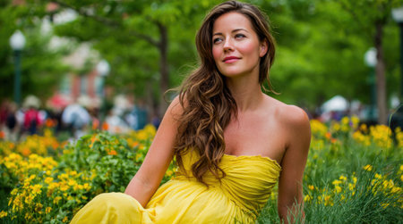 Woman in Yellow Dress in Flower Gardenの素材