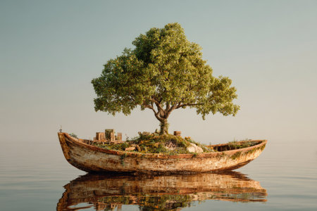 Tree Growing on Old Wooden Boatの素材