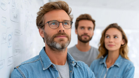 Team brainstorming at whiteboardの素材