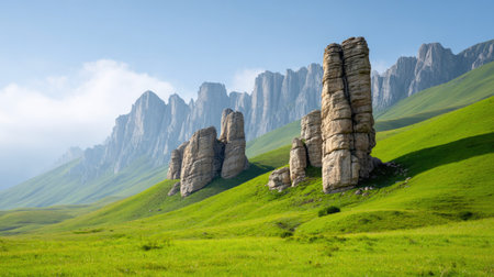 Tall rock spires in green valleyの素材