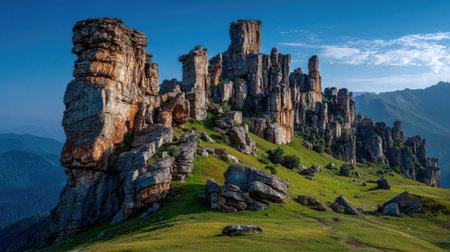 Rocky mountain range with green slopesの素材