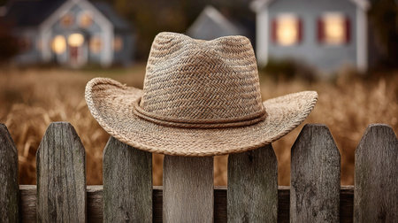 Woven straw cowboy hat hanging on wooden fenceの素材