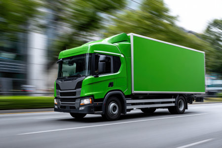 Large Green Freight Truck in Motionの素材