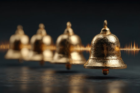 Multiple golden bells ringing with audio waveの素材