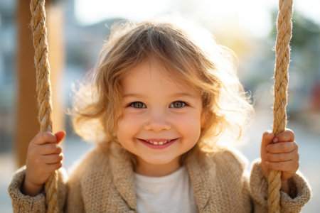 Happy Little Girl on Swing in Sunny Parkの素材
