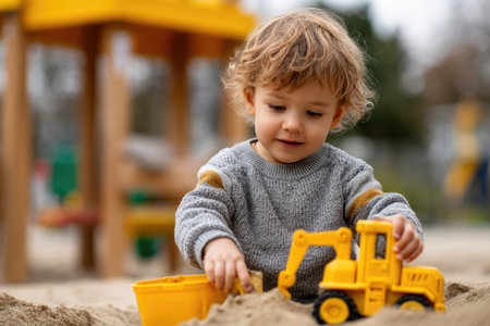 Adorable toddler playing in sandboxの素材