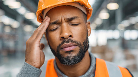 Tired construction worker with headacheの素材