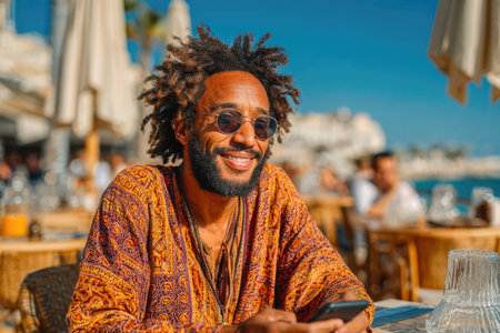 Smiling Man in Colorful Shirt at Outdoor CafÃ©の素材