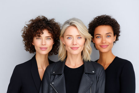 Three elegant women in black with curly hairstylesの素材