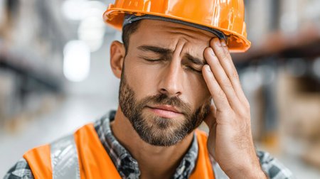 Tired Construction Worker with Headacheの素材