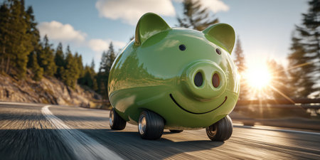 Green Piggy Bank Car Driving on Roadの素材