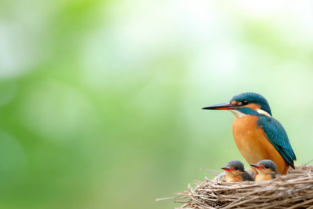 Kingfisher Bird with Chicks in Nestの素材