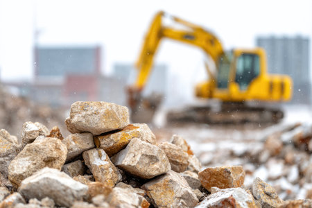 Yellow excavator near pile of rocks at construction site in snowの素材