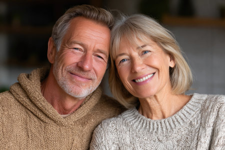 Happy senior couple smiling together at homeの素材