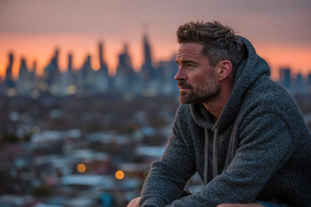 Thoughtful man in hoodie watching sunset over cityの素材
