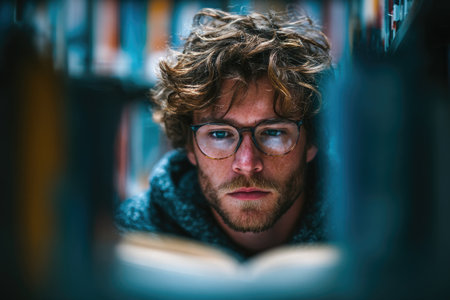 Man Reading Book in Library Aisleの素材