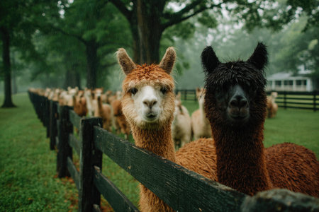 Llamas Behind Fence on Rainy Dayの素材