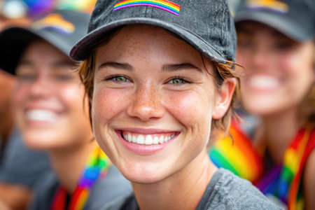 Young woman smiling with rainbow hatの素材
