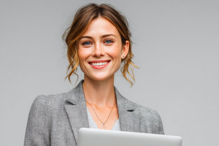 Happy young businesswoman holding laptopの素材