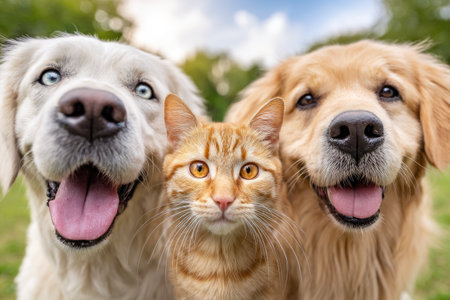 Close-Up Portrait of Two Dogs and a Cat Togetherの素材