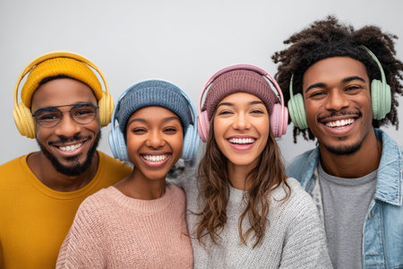 Young friends with winter hats and headphones smilingの素材