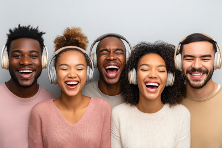 Diverse group of friends laughing with headphonesの素材