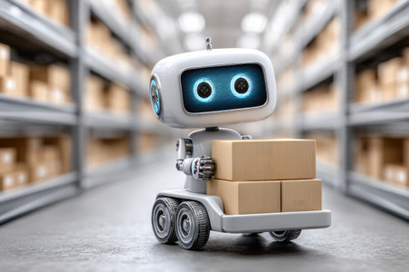 Friendly warehouse robot carrying packagesの素材
