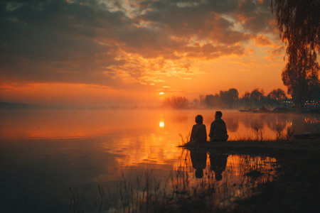 Romantic Couple Watching Sunset by the Lakeの素材