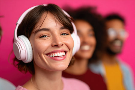 Happy woman listening to music on headphonesの素材