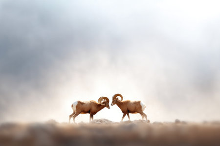 Bighorn sheep fighting in the mistの素材