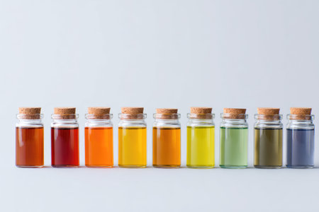 Set of Colorful Liquids in Glass Bottles with Cork Stoppersの素材