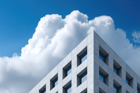Corner of modern office building against cloudsの素材
