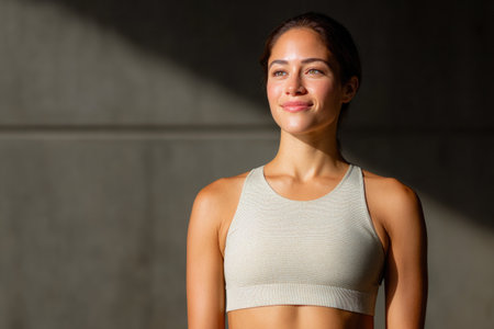 Confident young woman in sportswear standing in sunlightの素材