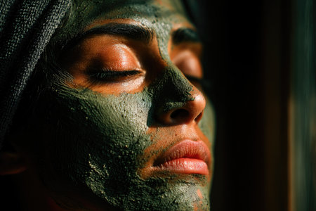 Woman with green clay facial mask in sunlightの素材
