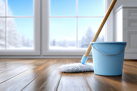 Mop and bucket by window on clean floorの素材