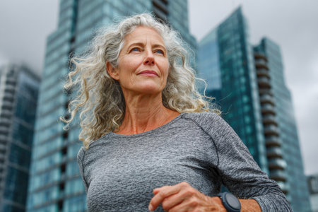 Senior woman jogging in city with confidenceの素材