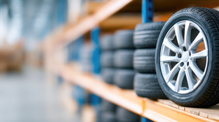 Car Tires and Alloy Wheels on Warehouse Shelfの素材