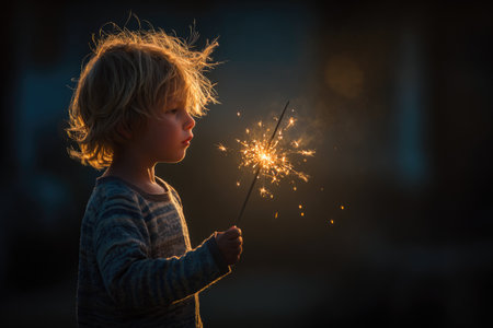 Curious Child Holding Sparkler at Nightの素材