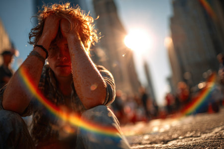 Exhausted man sitting on city street in sunlightの素材