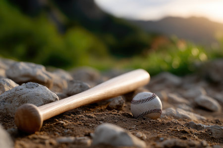 Baseball bat and ball lying on dirt outdoorsの素材