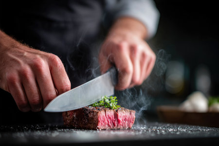 Chef slicing juicy steak on hot grillの素材