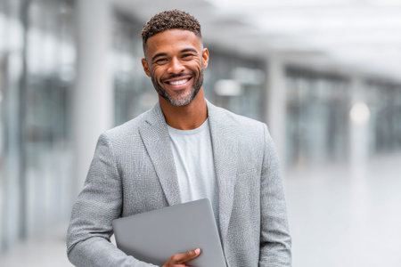 Confident Businessman Holding Laptop in Modern Officeの素材