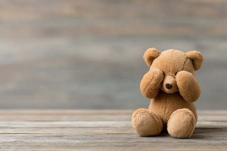 Teddy Bear Covering Eyes on Wooden Floorの素材