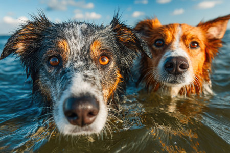 Close-up of two swimming dogs in oceanの素材
