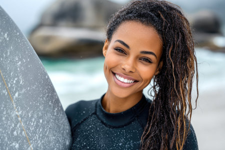 Happy Surfer Woman at the Beachの素材