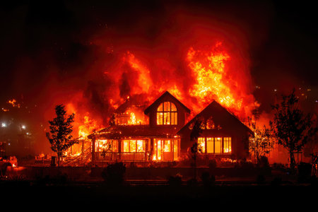Large House Engulfed in Flames at Nightの素材