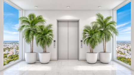 Modern Elevator Lobby with Panoramic City Viewの素材