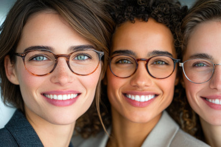 Close-up portrait of smiling women wearing glassesの素材