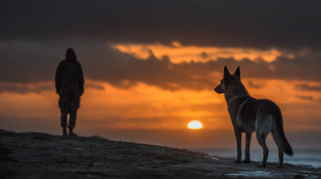 Soldier and Dog Silhouetted at Sunsetの素材