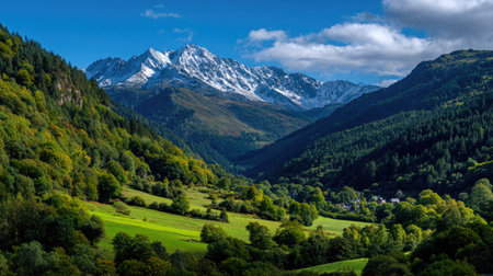 Majestic mountain valley with snowy peaks and forestの素材